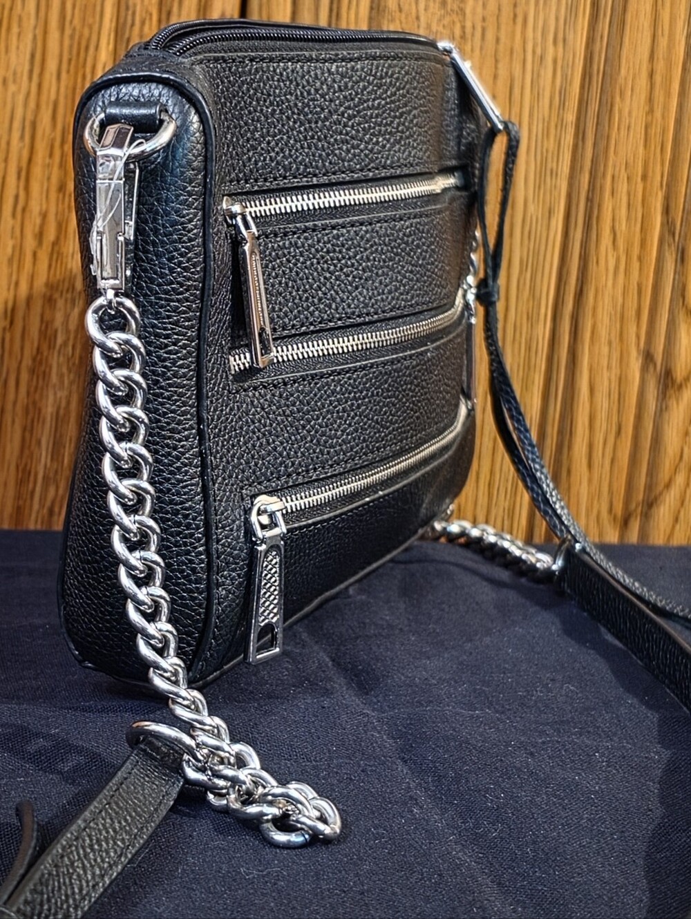 EUC Rebecca Minkoff Black Pebbled Leather Multi Zip Crossbody Bag Silver Chain - Picture 5 of 10